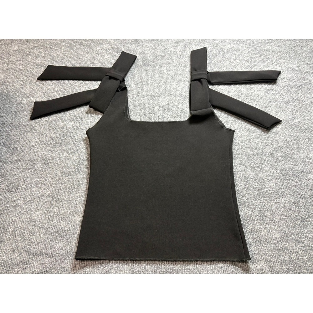 Zara Women Black Knit Tank Top Oversized Shoulder Bows Square Neck Medium